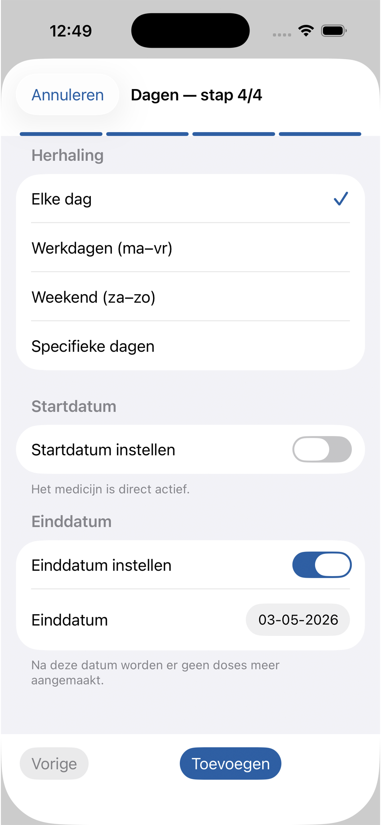 Scherm met einddatum en herhaling